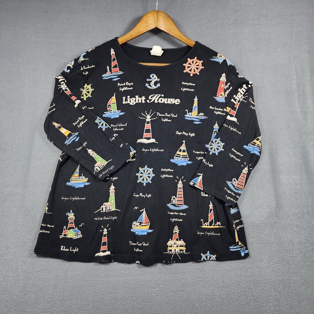 Jess & Jane Womens Top XL Black Nautical Lighthouse Novelty 3/4 Sleeves Stretch